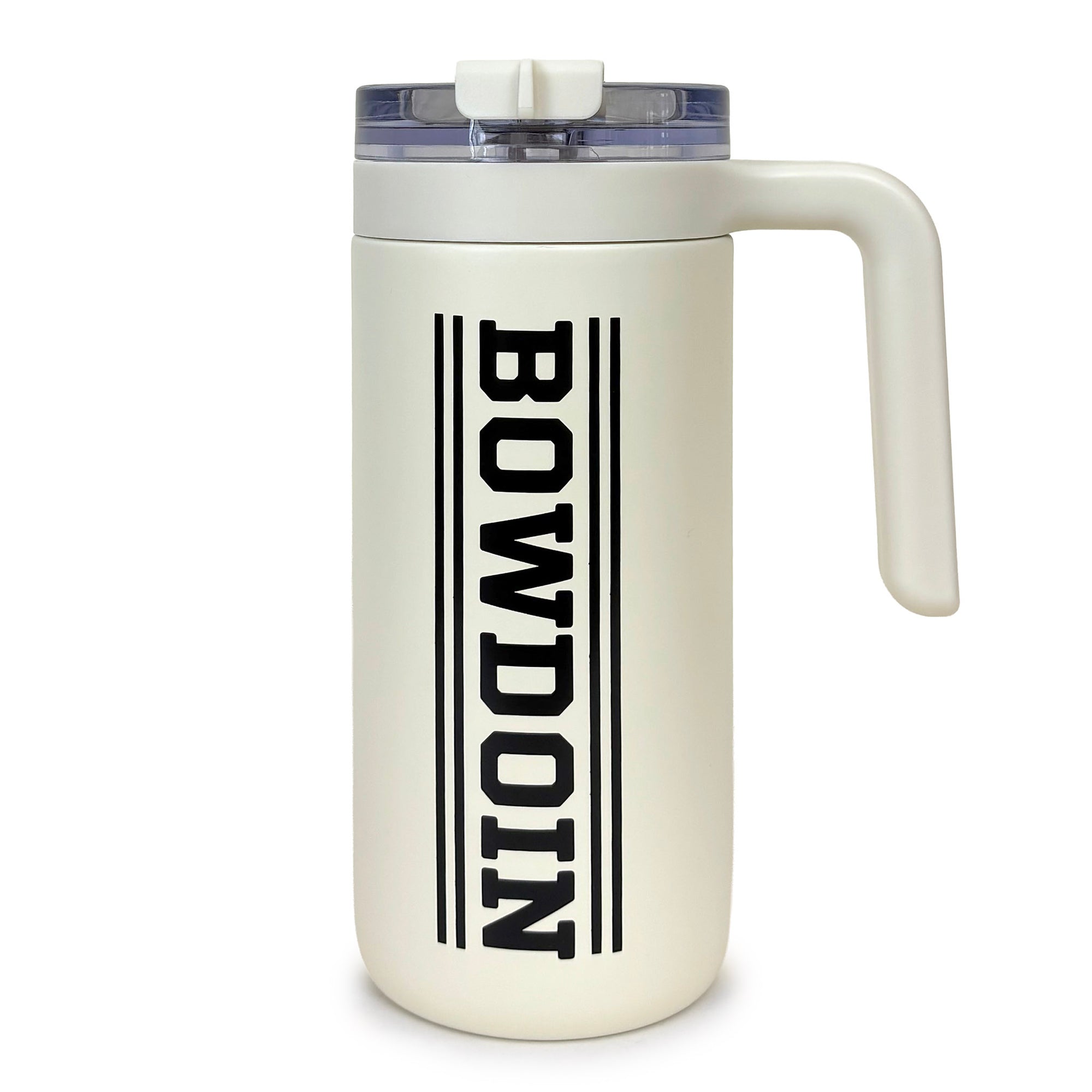 An off-white insulated travel mug with a handle, a clear lid, and the word 'BOWDOIN' printed vertically in black between four stripes on the front, set against a plain white background.