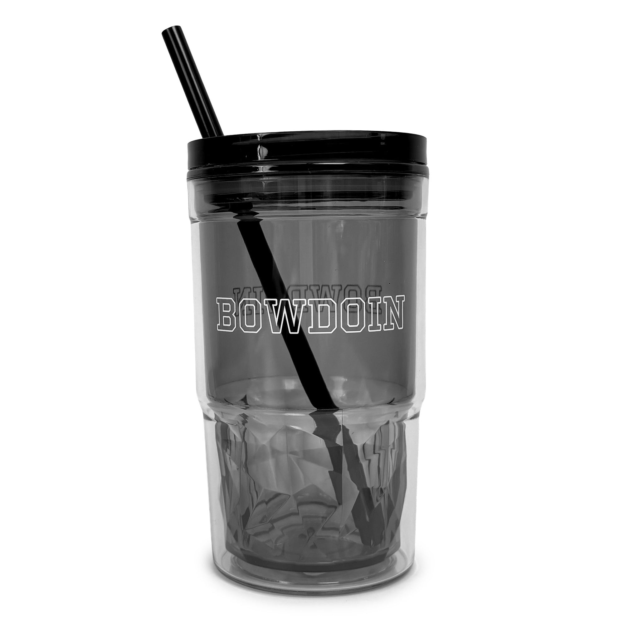 A transparent black double-walled tumbler with a black lid and black straw, featuring the text 'BOWDOIN' printed on the front, shown against a plain white background.