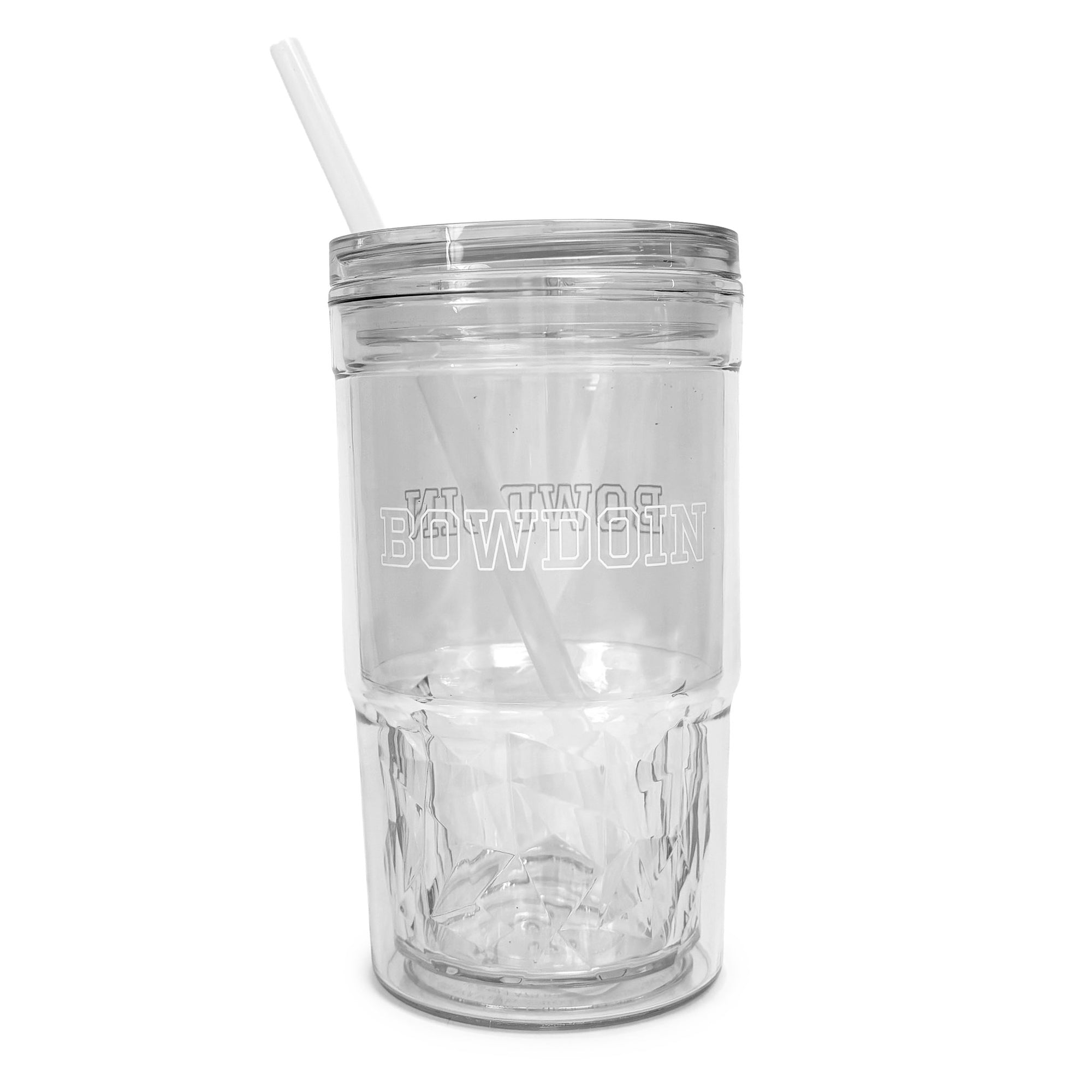 A transparent double-walled tumbler with a clear lid and clear straw, featuring the text 'BOWDOIN' printed on the front, shown against a plain white background.