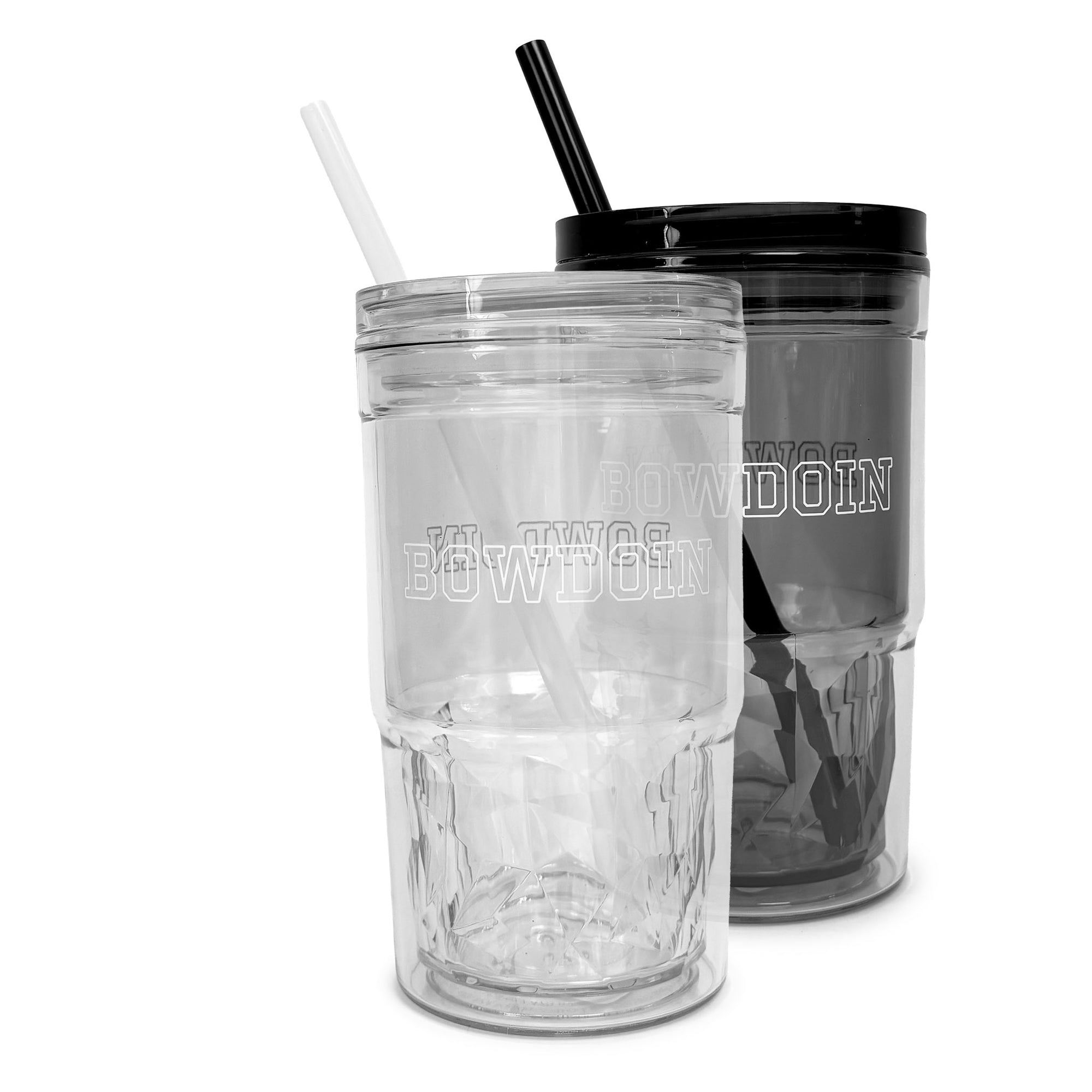 Two clear double-walled tumblers with lids and straws on a white background, one in transparent clear and one in dark gray, both featuring the Bowdoin logo.
