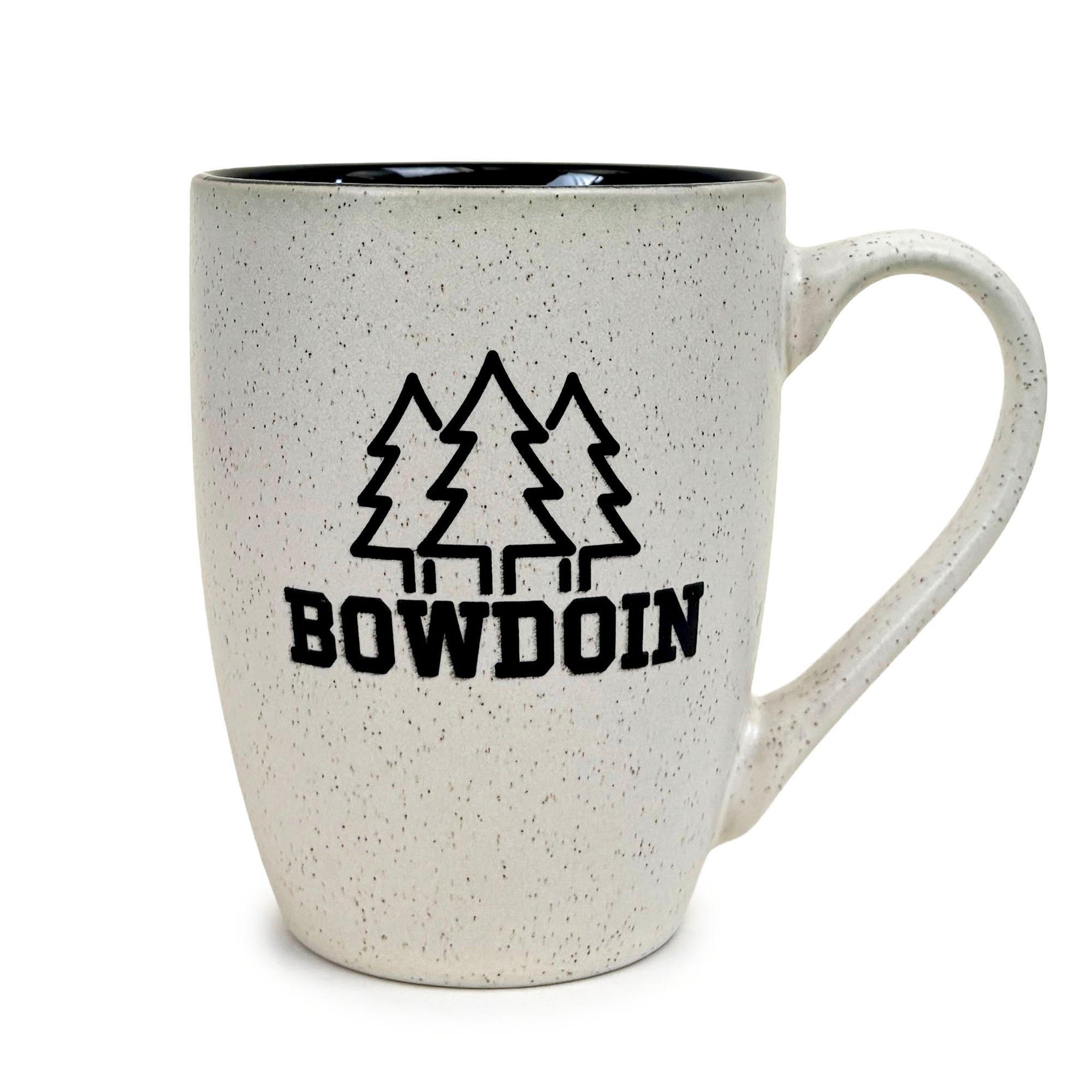 A speckled off-white ceramic mug with a black interior and a black printed graphic of three pine trees above the word 'BOWDOIN', shown on a plain white background.