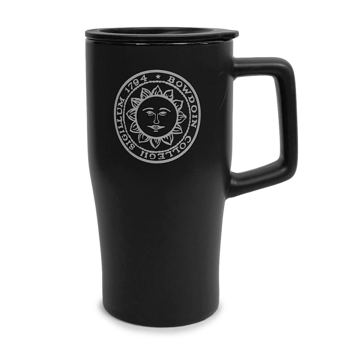 A matte black travel mug with a matching black lid and handle, featuring a silver Bowdoin College seal imprint.