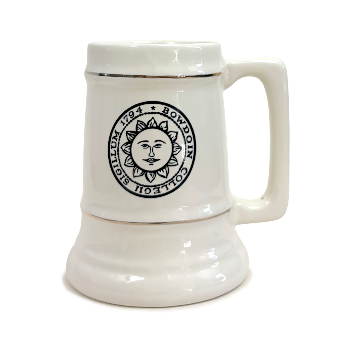 An off-white ceramic beer stein mug with a black printed circular logo featuring a sun face and the text 'BOWDOIN COLLEGE 1794', shown on a plain white background.