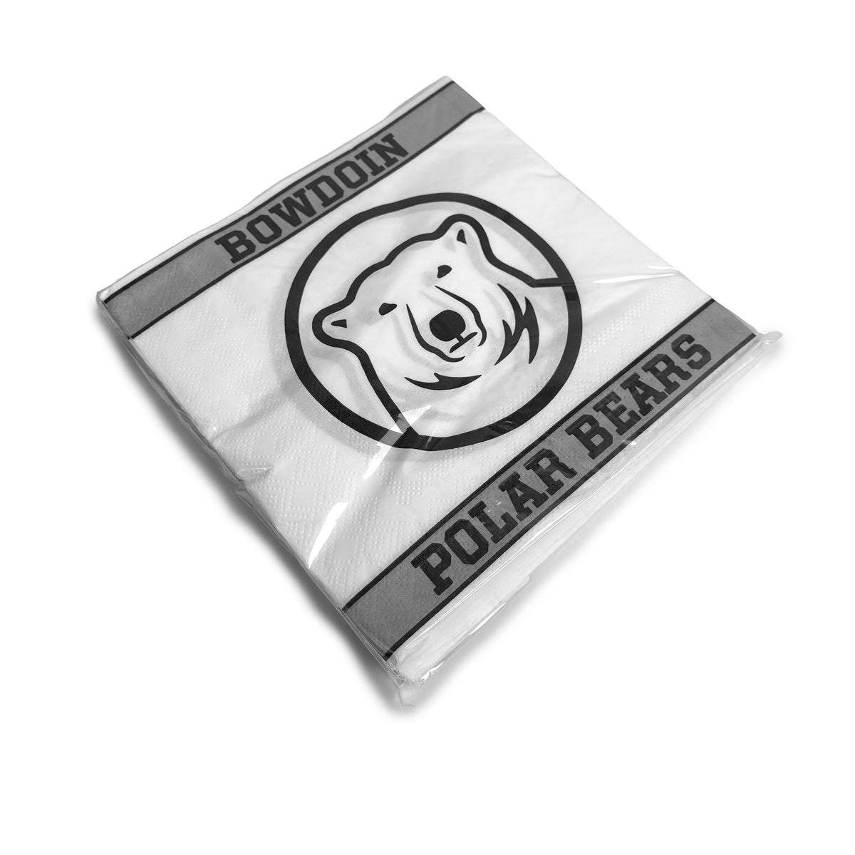 Plastic-wrapped package of square paper napkins with black and white decoration of a polar bear logo with stripes above and below printed with BOWDOIN POLAR BEARS