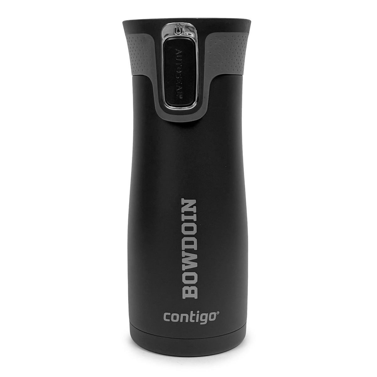 A black Contigo Bowdoin insulated travel tumbler with a textured gray, black, and silver Autoseal thermal lid, shown on a plain white background.