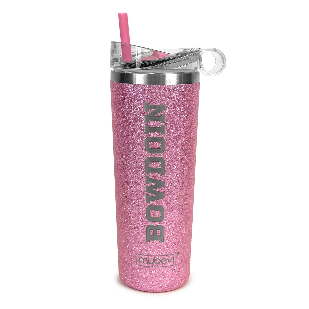 A pink glitter insulated tumbler with a clear lid, silver rim, and a pink straw. The word 'BOWDOIN' is vertically etched on the front, and the 'mybevi' logo is near the bottom, shown against a plain white background.