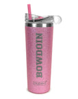 A pink glitter insulated tumbler with a clear lid, silver rim, and a pink straw. The word 'BOWDOIN' is vertically etched on the front, and the 'mybevi' logo is near the bottom, shown against a plain white background.