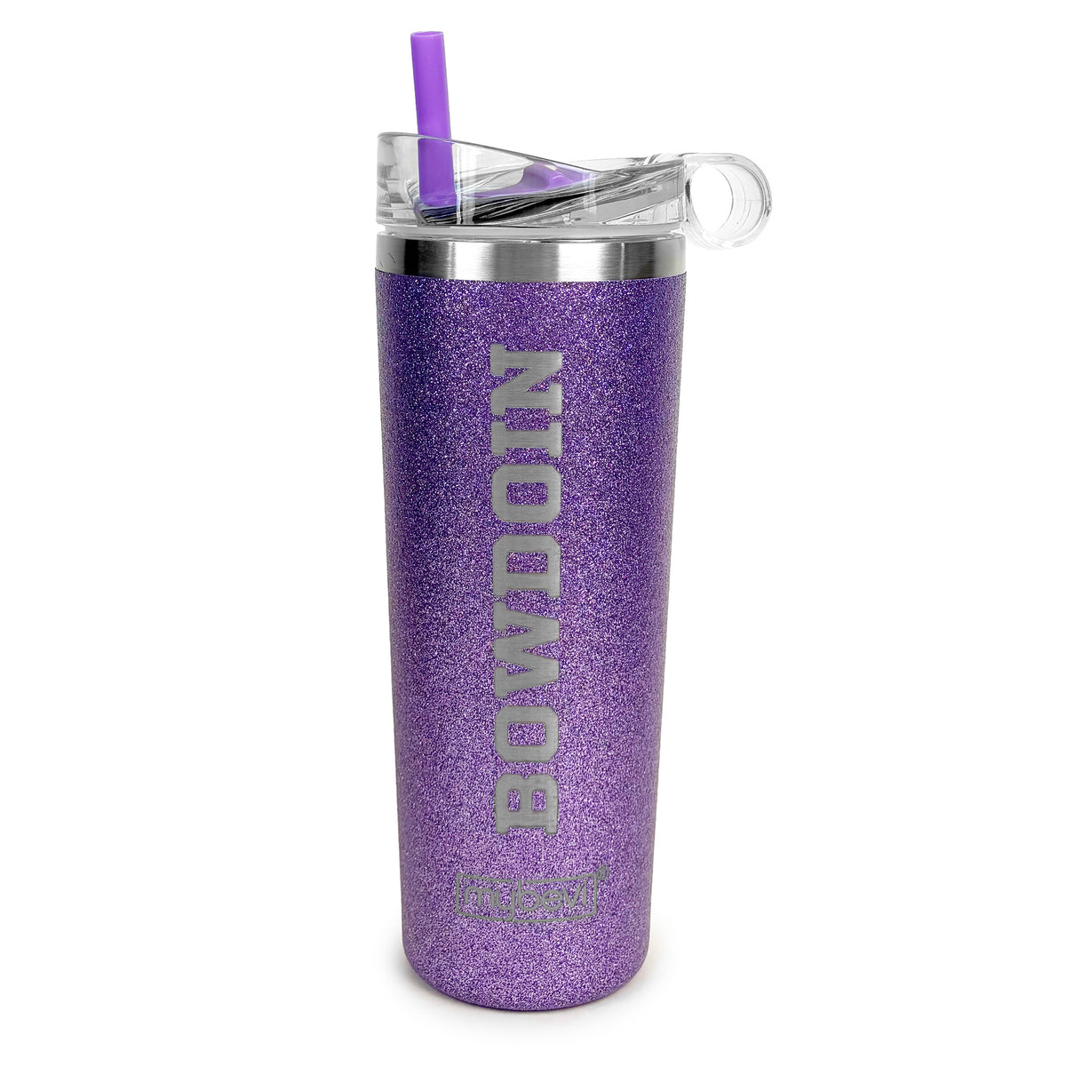 A purple glitter insulated tumbler with a clear lid and purple straw, featuring the word 'BOWDOIN' vertically etched in silver-gray on the front.