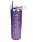 A purple glitter insulated tumbler with a clear lid and purple straw, featuring the word 'BOWDOIN' vertically etched in silver-gray on the front.