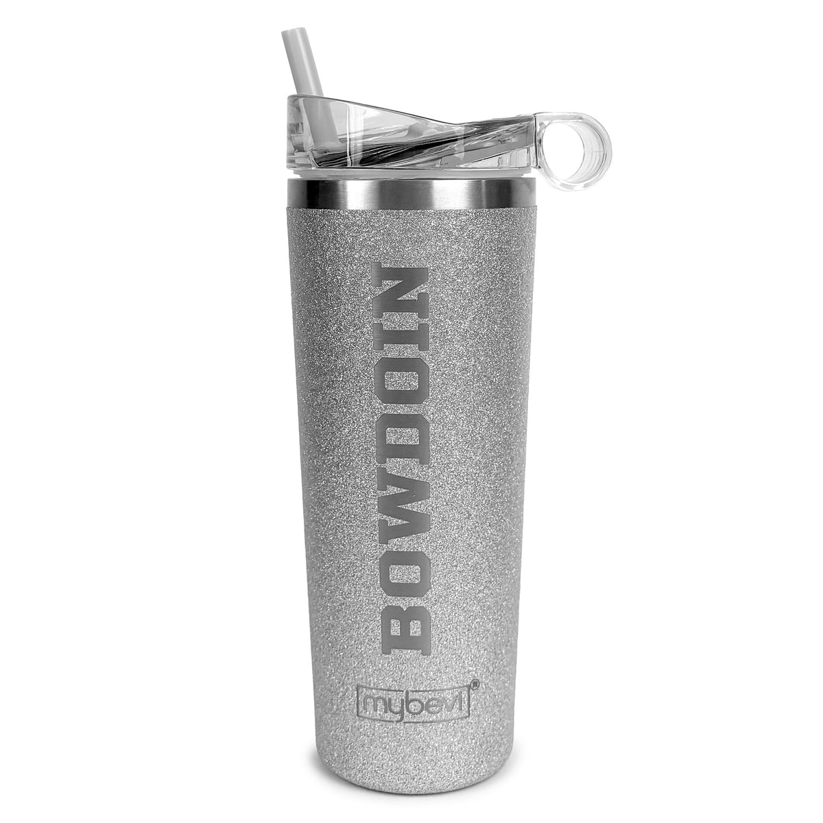 A tall, silver glitter insulated tumbler with a clear lid and straw, featuring the word 'BOWDOIN' vertically etched and the 'mybevi' logo near the bottom, set against a plain white background.