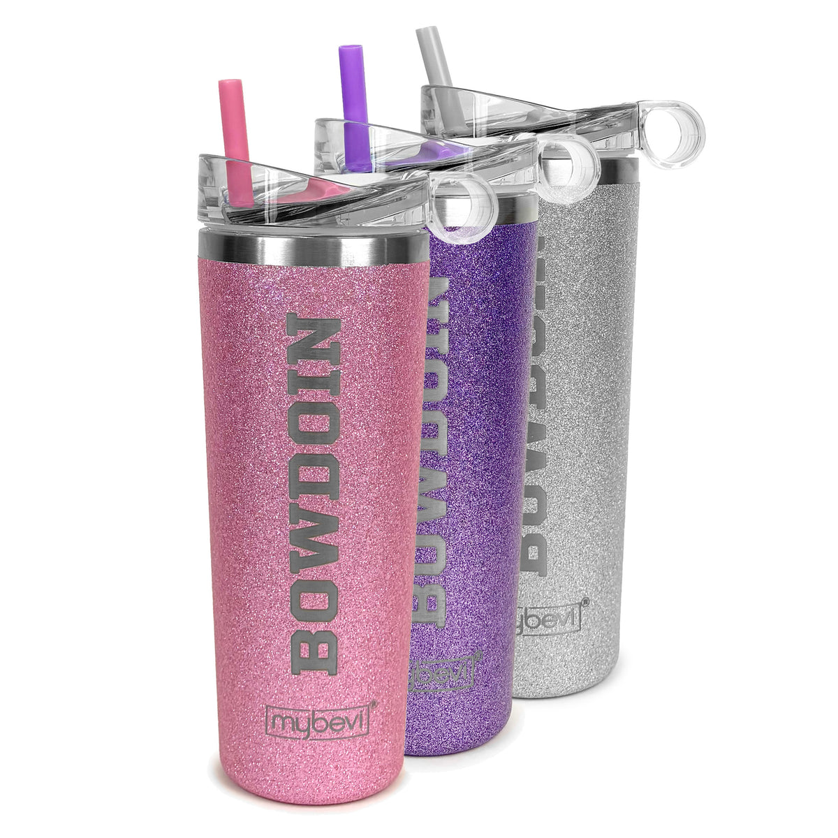 Three glitter insulated tumblers with clear lids and straws, shown in pink, purple, and silver. Each tumbler has the word 'BOWDOIN' printed vertically and the 'mybevi' logo near the bottom.