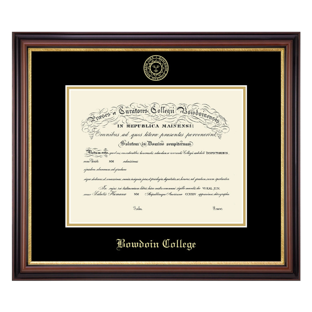 Diploma frame in mahogany with gold fillet and black matte with gold embossed Bowdoin seal on top and BOWDOIN COLLEGE in Old English typeface on bottom. Gold inner matte around space for diploma.