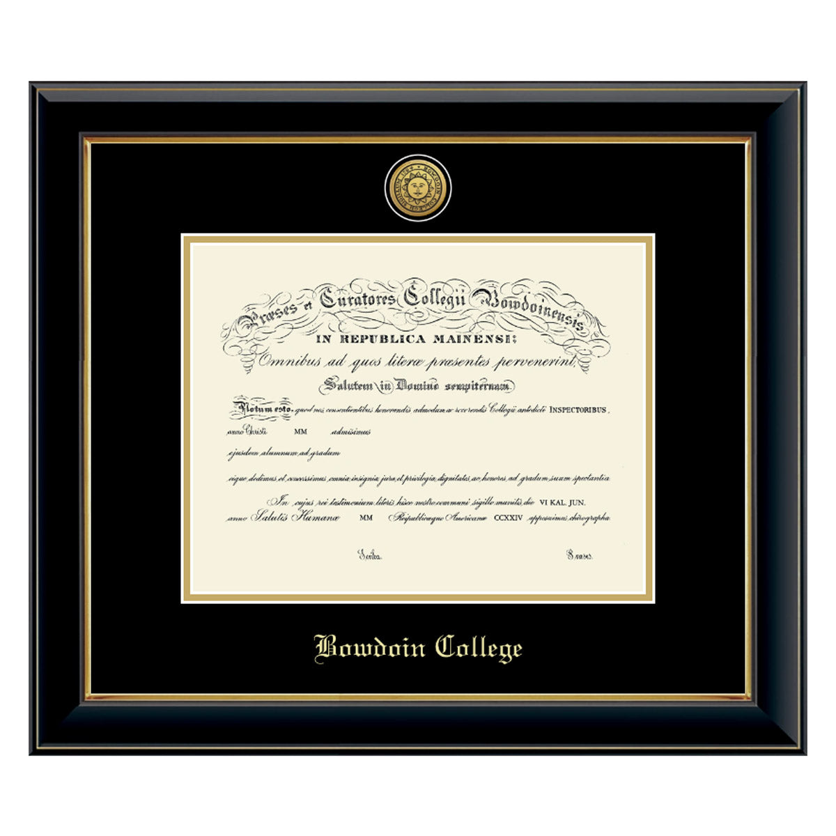Diploma frame with glossy black moulding with gold fillet and black and gold matting. Gold sun seal medallion set into the mat on top of the diploma, BOWDOIN COLLEGE embossed in gold below.