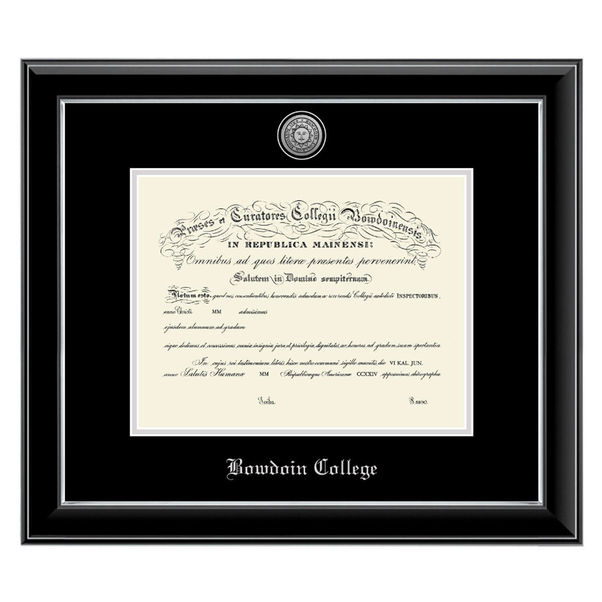 Diploma frame with glossy black moulding with silver fillet and black and silver matting. Silver sun seal medallion set into the mat on top of the diploma, BOWDOIN COLLEGE embossed in silver below.