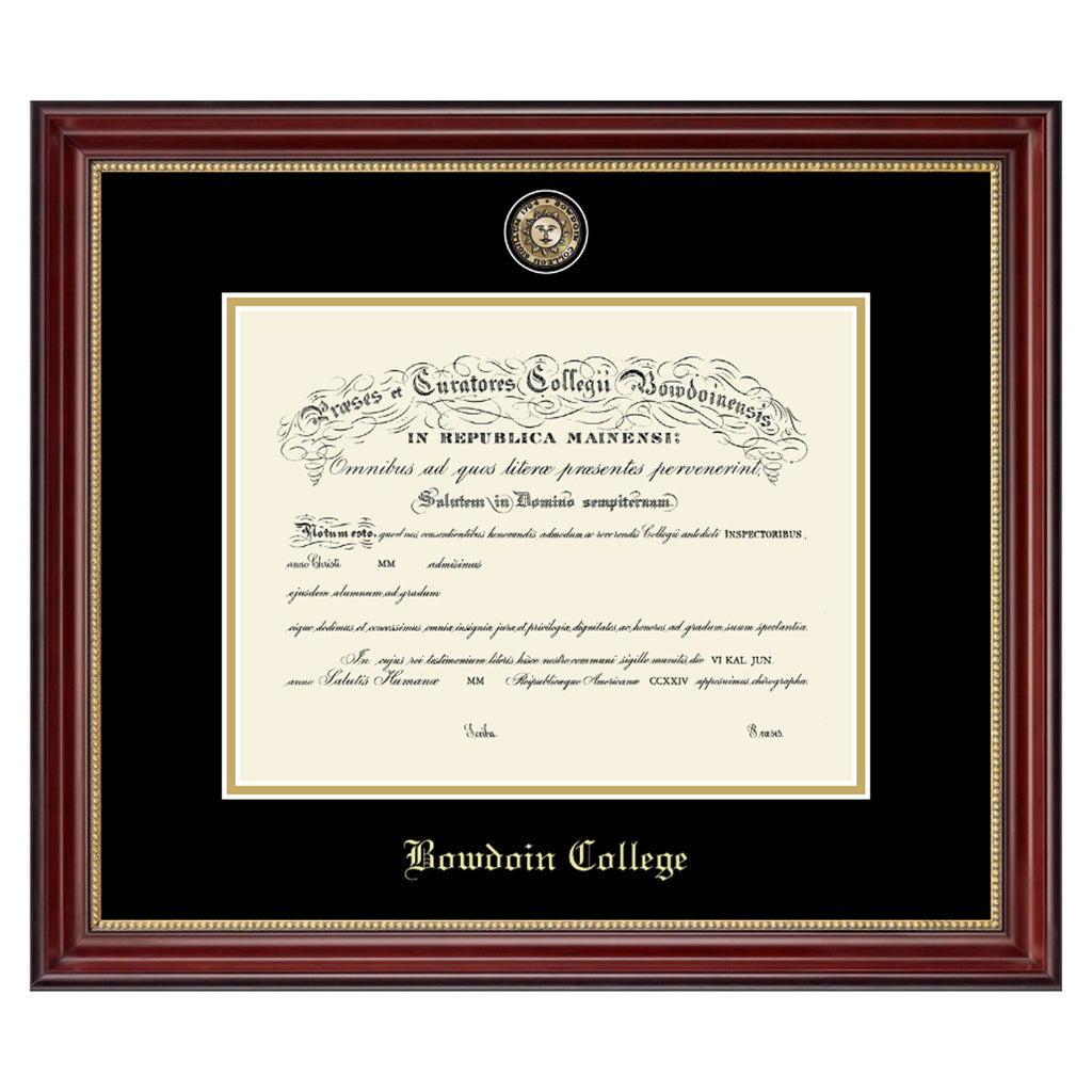 Diploma frame with gold inner edge, black and gold mat, and minted college seal medallion. BOWDOIN COLLEGE embossed at the bottom in Old English type.