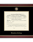 Diploma frame with gold inner edge, black and gold mat, and minted college seal medallion. BOWDOIN COLLEGE embossed at the bottom in Old English type.