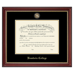 Diploma frame with gold inner edge, black and gold mat, and minted college seal medallion. BOWDOIN COLLEGE embossed at the bottom in Old English type.