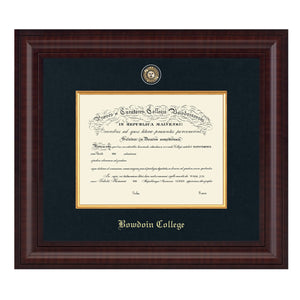Diploma frame with black matting, gold fillet, Bowdoin seal medallion, and gold embossed BOWDOIN COLLEGE in Old English type.