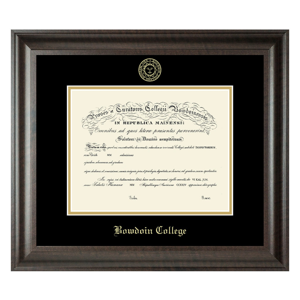 Walnut finish diploma frame with black matte embossed on the top with the Bowdoin seal, and on the bottom with BOWDOIN COLLEGE in Old English typeface. Gold inner matte.