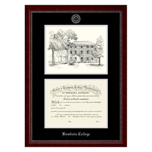 Tall diploma frame with mahogany finish with beaded black inner lip, encasing black matte board with a silver embossed Bowdoin sun seal on the top and BOWDOIN COLLEGE in Old English typeface on the bottom. The top half of the matte is cut out to show a pen and ink drawing of Mass Hall; the bottom has space for a diploma.