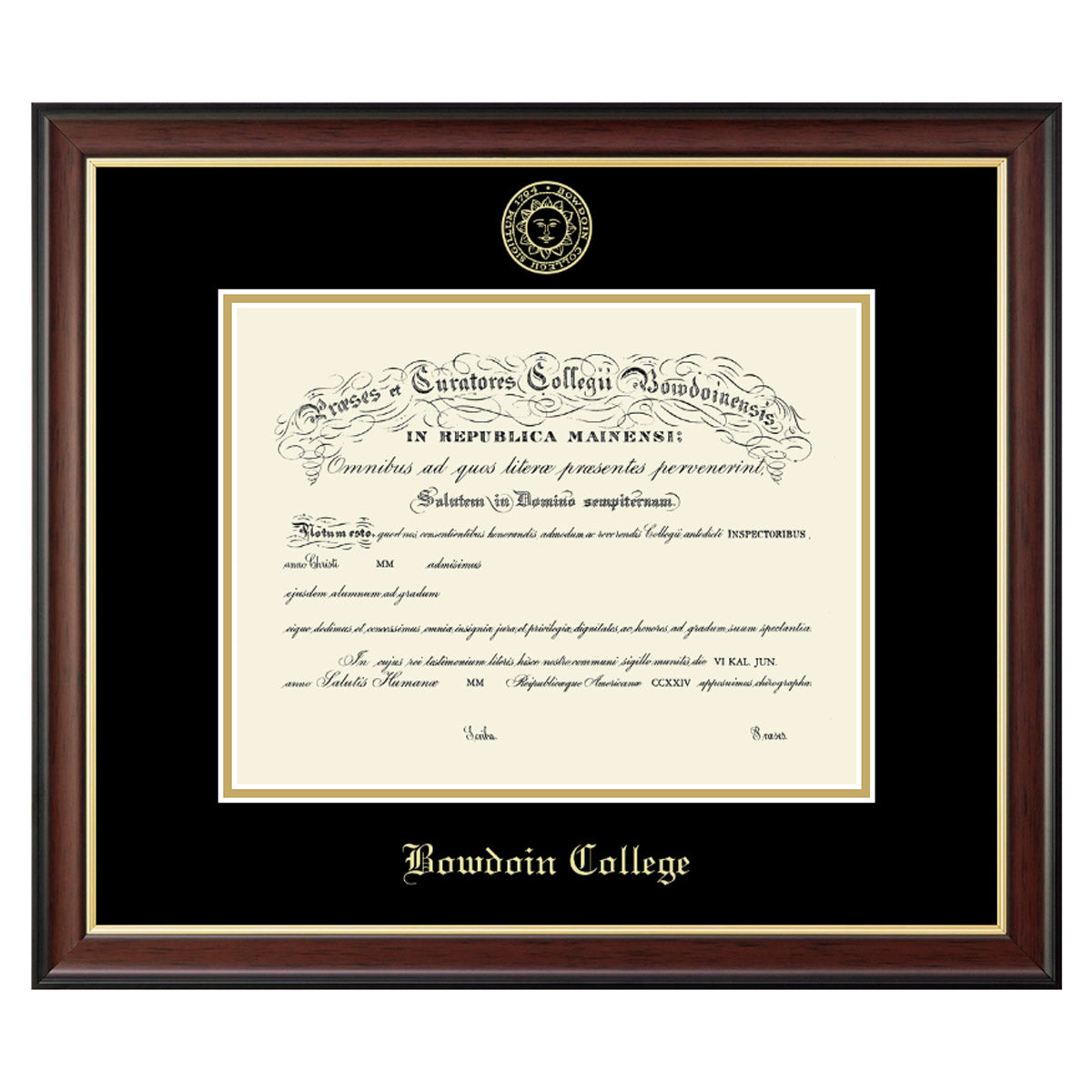 Mahogany-finish diploma frame with gold fillet and black and gold matting. Gold embossed Bowdoin College seal at the top of the mat, gold BOWDOIN COLLEGE in Old English text at the bottom.