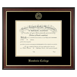 Mahogany-finish diploma frame with gold fillet and black and gold matting. Gold embossed Bowdoin College seal at the top of the mat, gold BOWDOIN COLLEGE in Old English text at the bottom.