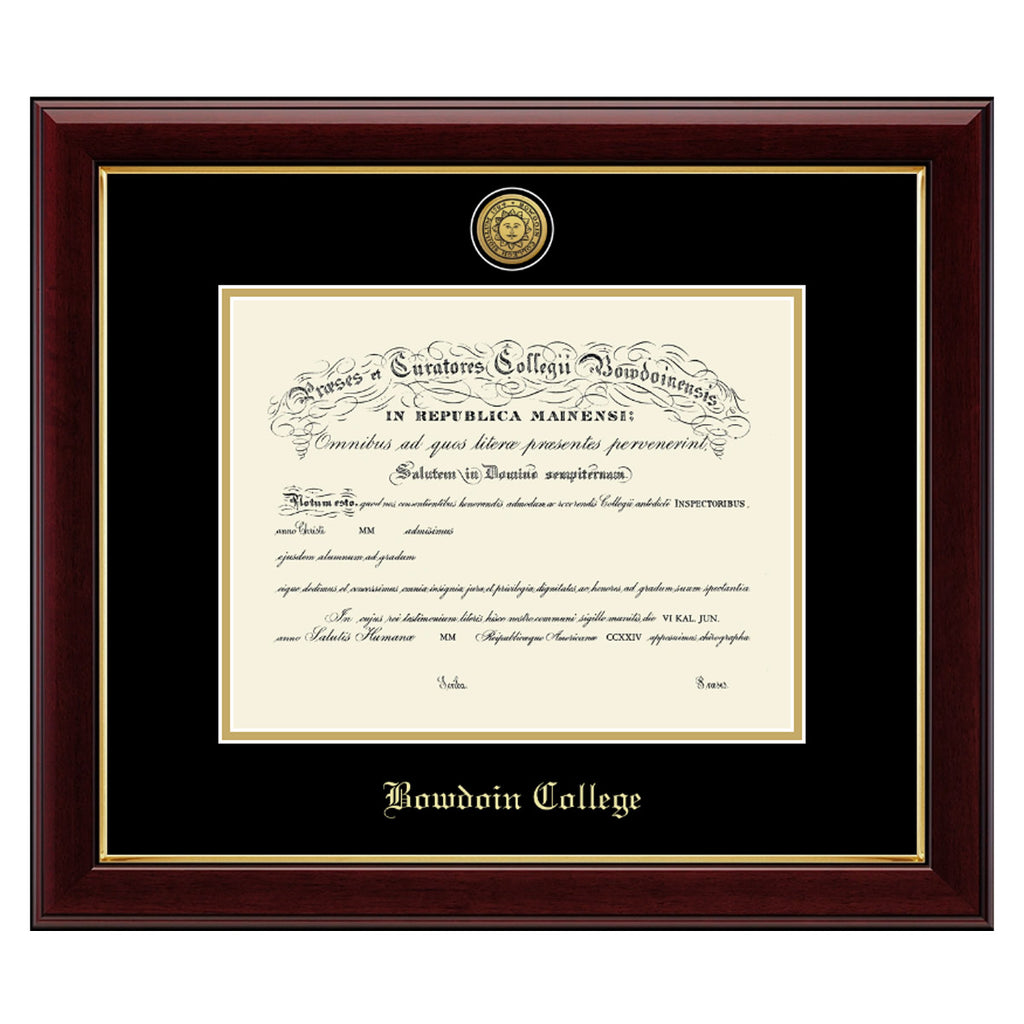 Diploma frame with glossy cherry frame with inner gold ridge. Black matte with inner gold matte, inset with a gold Bowdoin sun seal medallion on the top, and BOWDOIN COLLEGE in Old English typeface embossed in gold on the bottom.