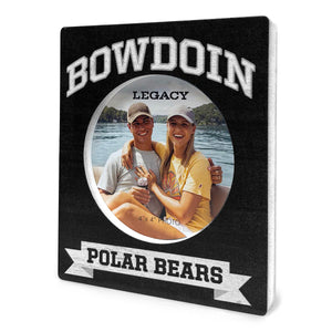 Black self-supporting photo frame with white edges. Arched white BOWDOIN with grey stroke at the top, circular cutout for photo, and POLAR BEARS in black in a white ribbon at the bottom.