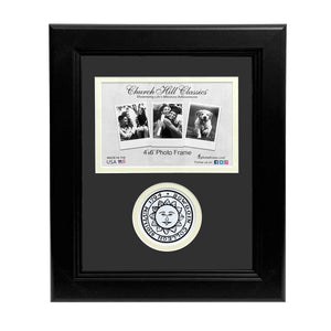 Black photo frame with horizontal photo cutout, Bowdoin College sun seal cutout below.