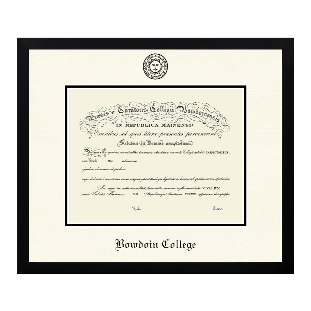 Black diploma frame with ivory matte and Bowdoin College seal and branding.