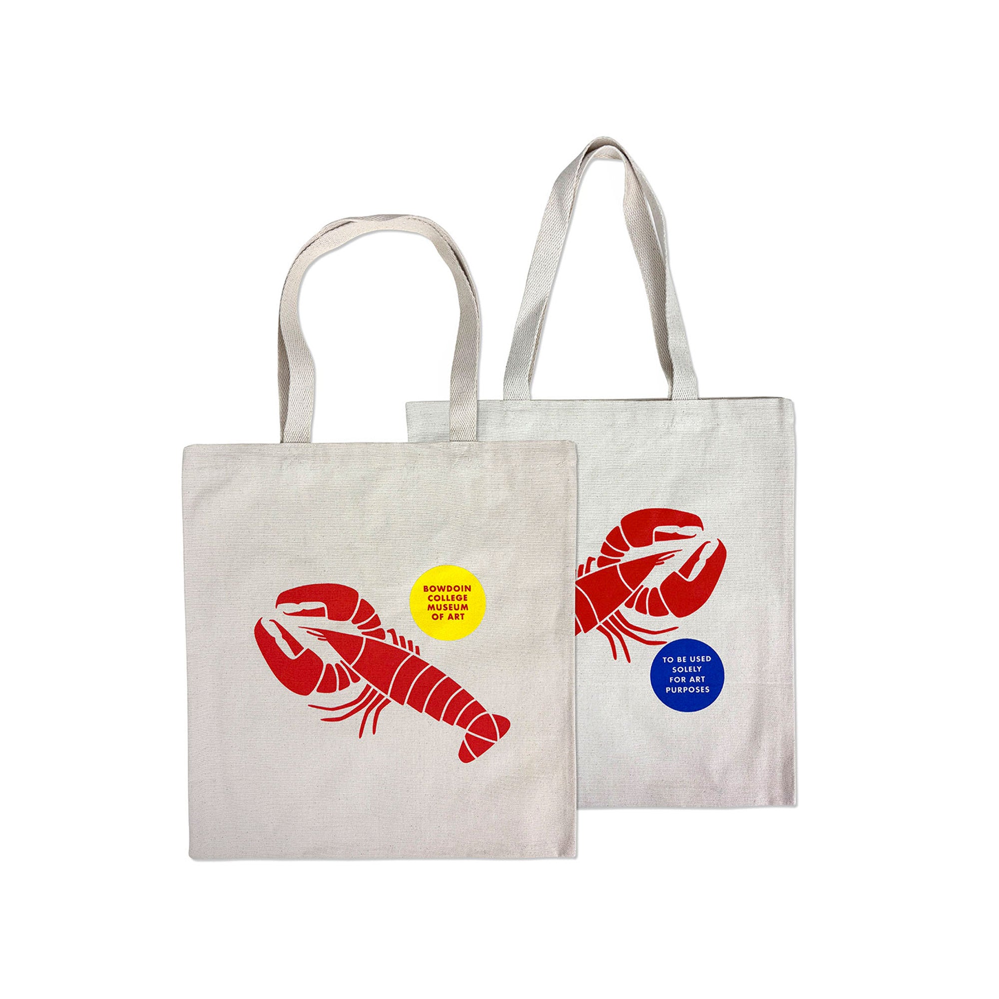 Two tote bags with red lobster designs and colorful labels on a white background