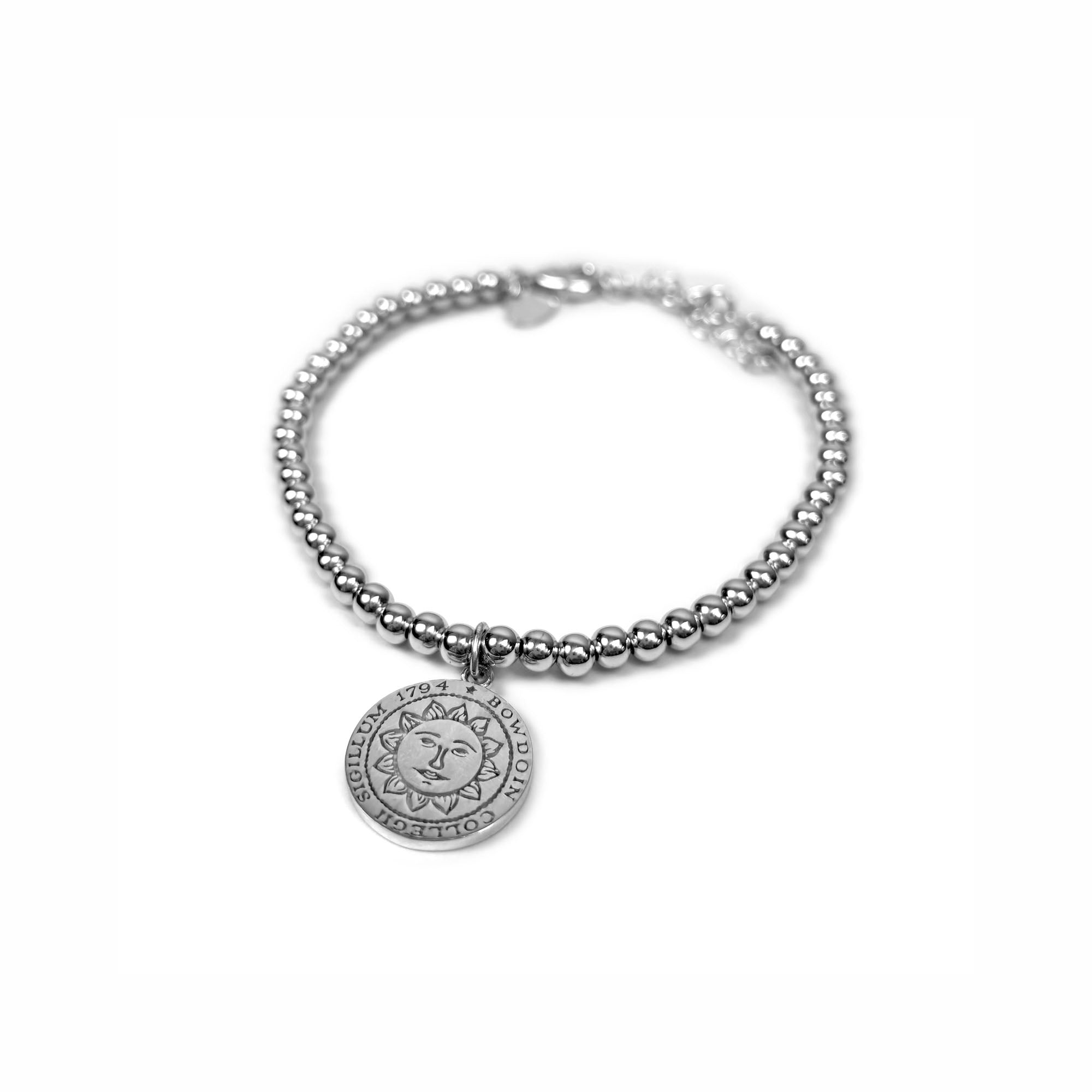 Silver beaded bracelet with Bowdoin seal charm