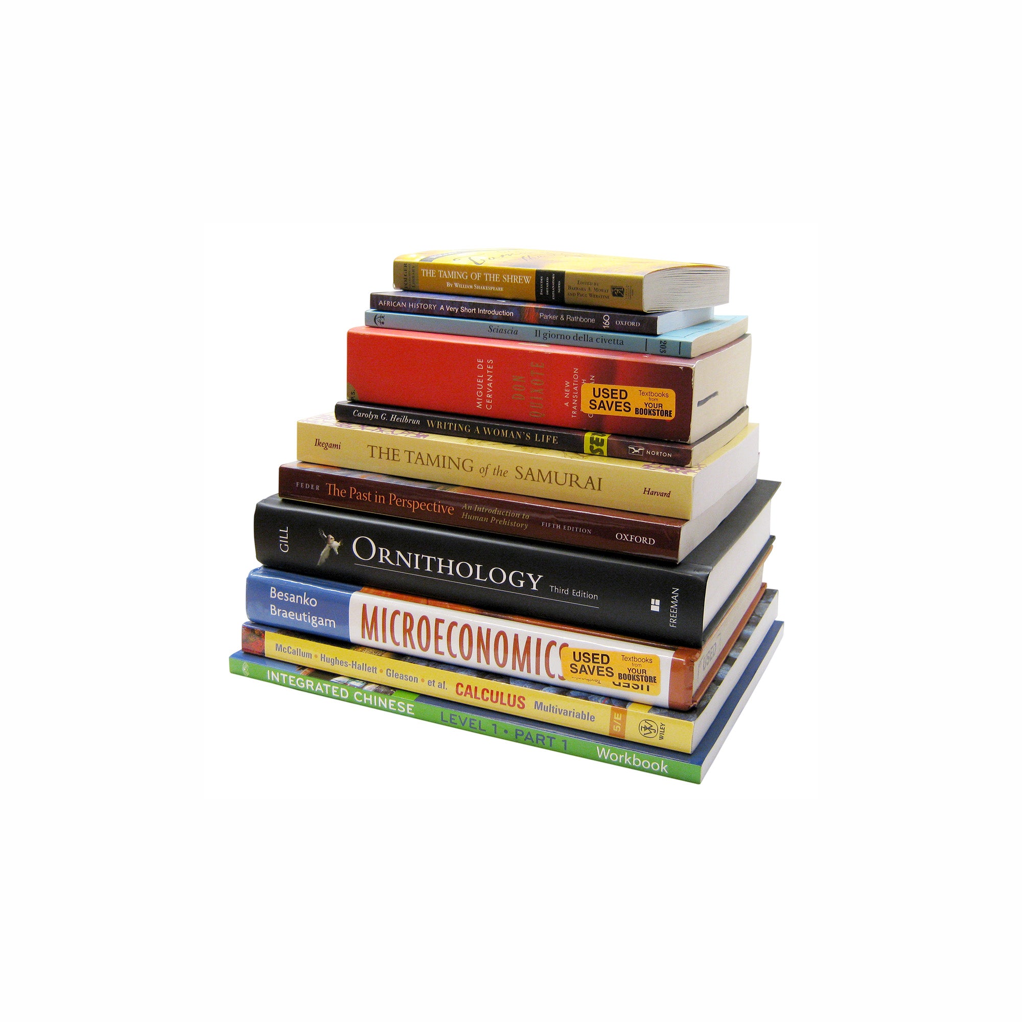 Stack of various college textbooks.