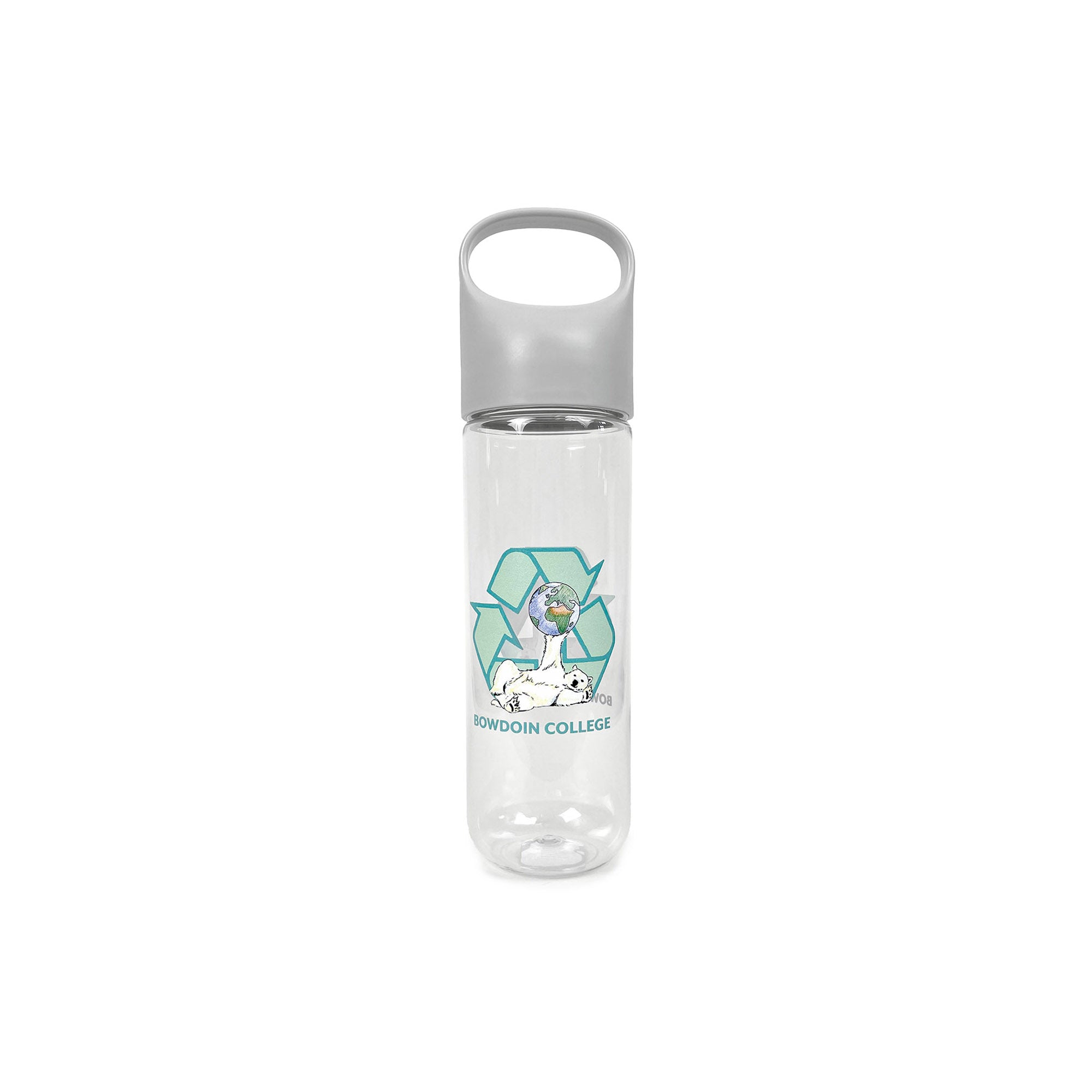 Clear water bottle with silver cap and polar bear recycling logo on a white background