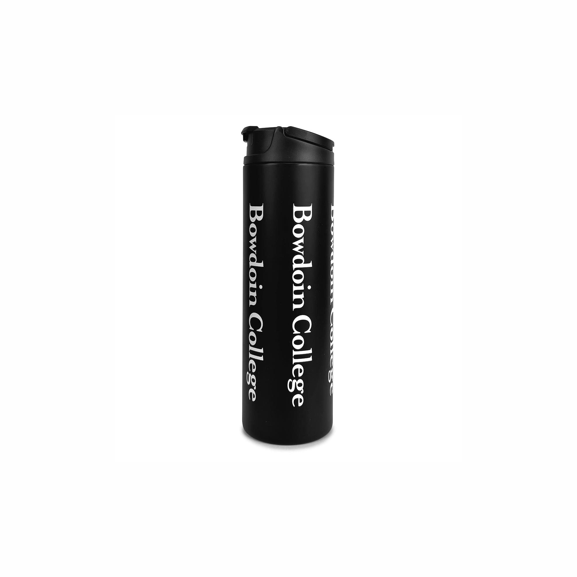 Black tumbler with 'Bowdoin College' text on a white background