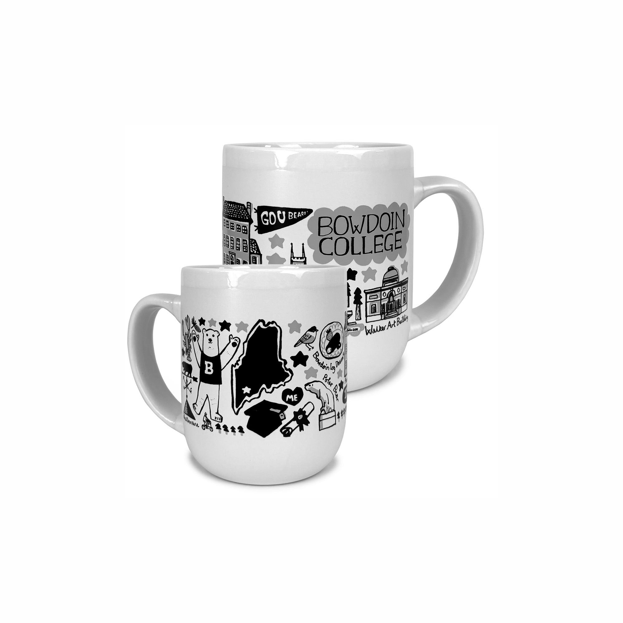 Two white mugs with black graphics and text on a white background