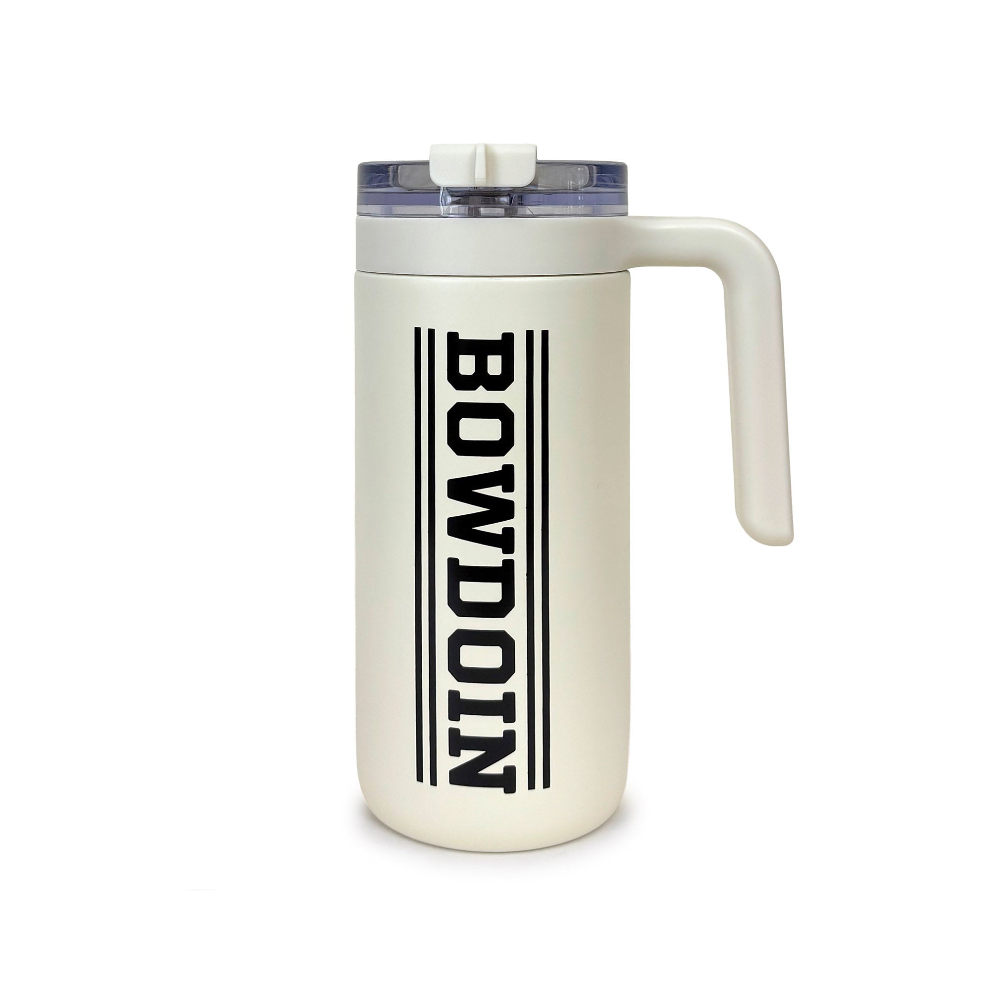 An off-white insulated travel mug with a handle, featuring the word 'BOWDOIN' printed vertically in black alongside two thin vertical stripes, on a white background.