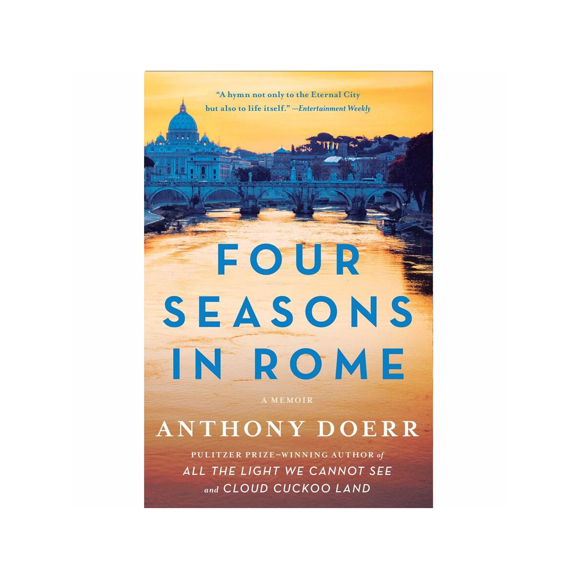 Book cover of 'Four Seasons in Rome' with a cityscape and river.
