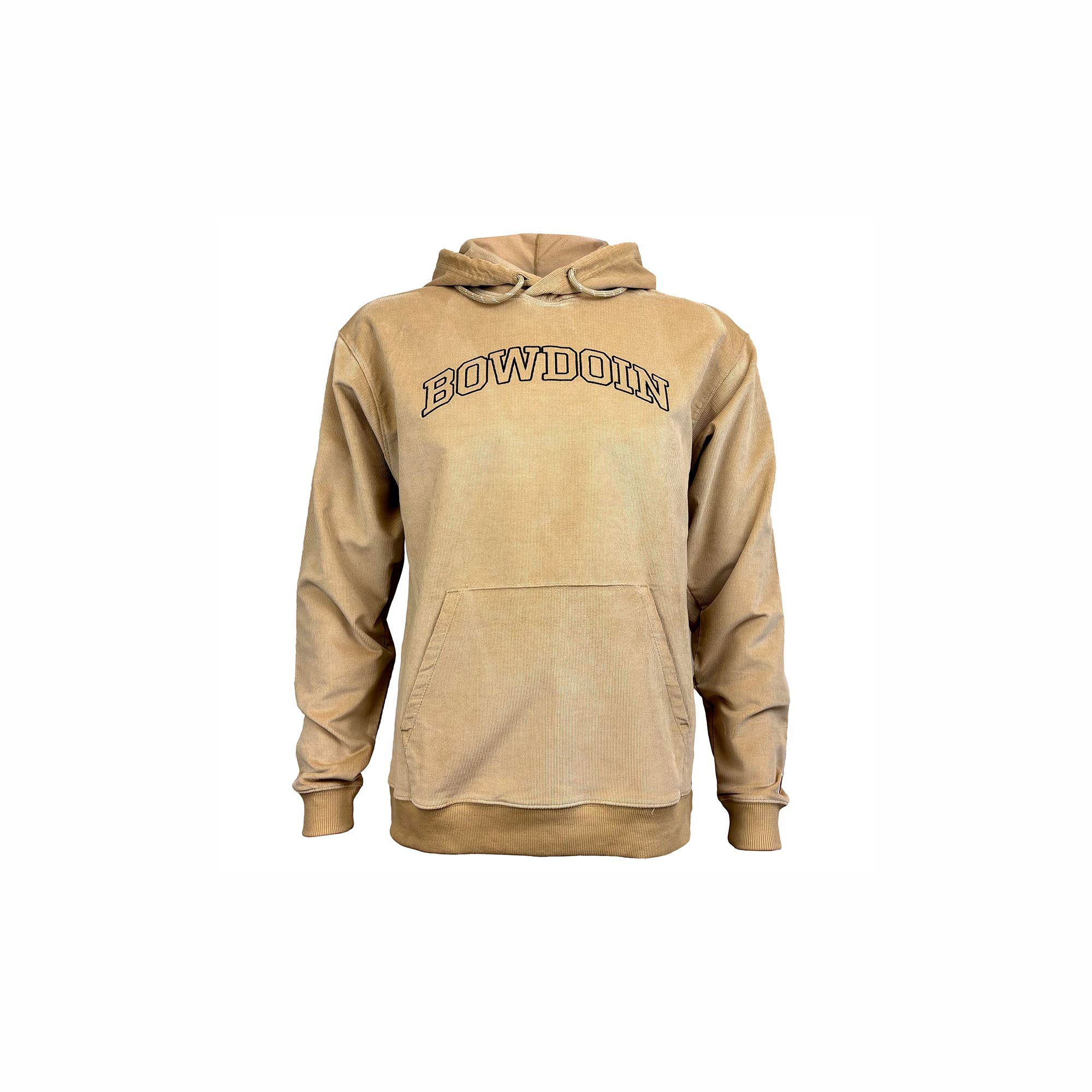Beige hoodie with 'Bowdoin' text on a white background