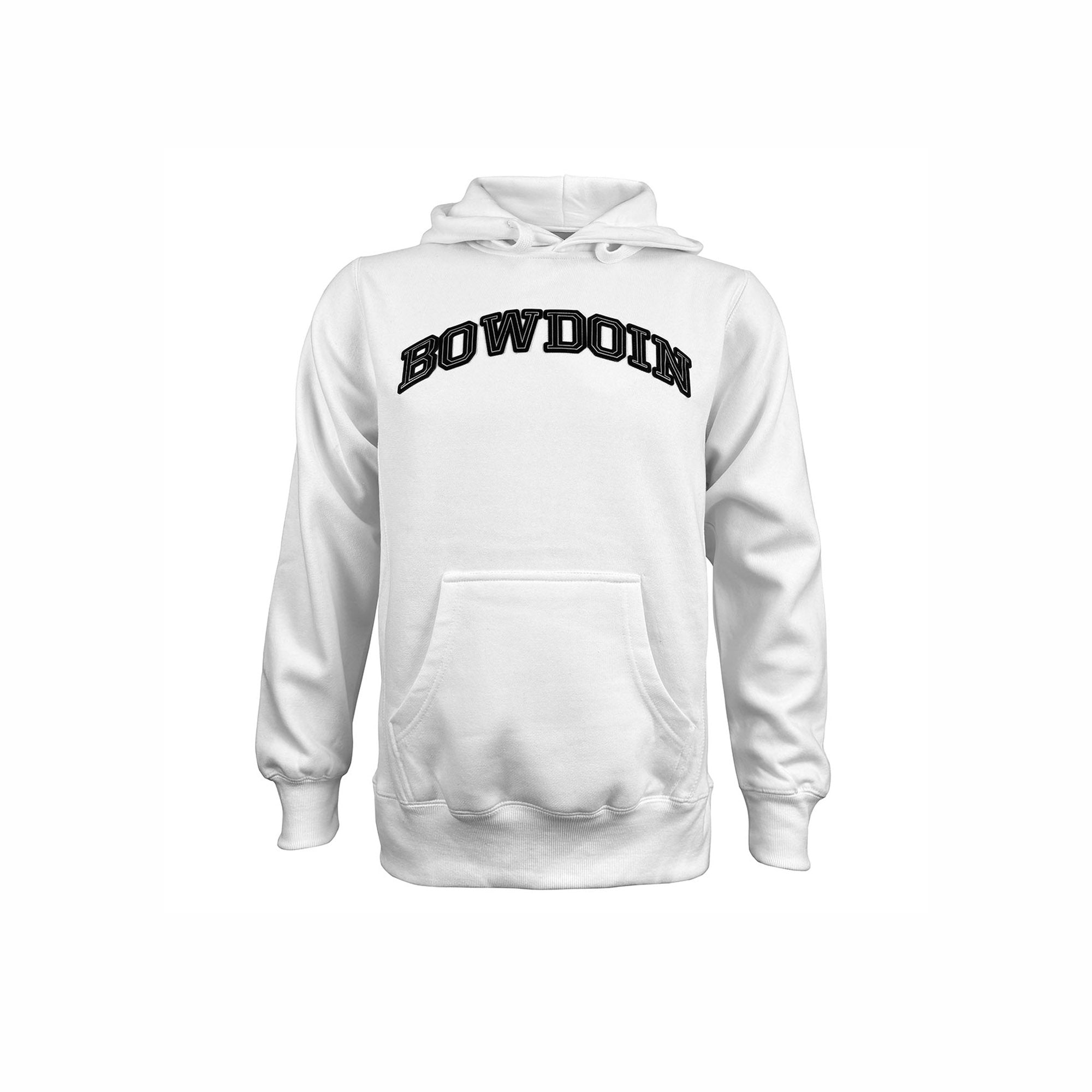 White hoodie with black BOWDOIN on white background