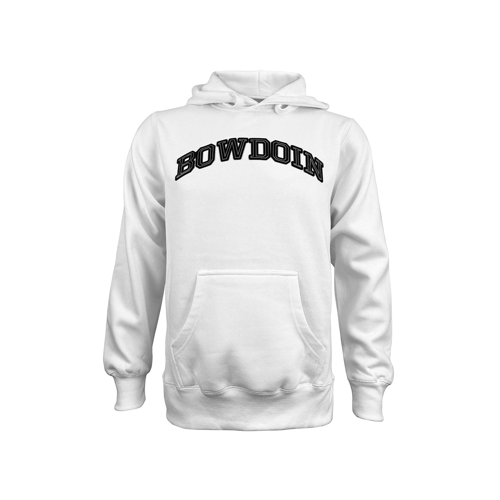 White hoodie with 'Bowdoin' text on a white background