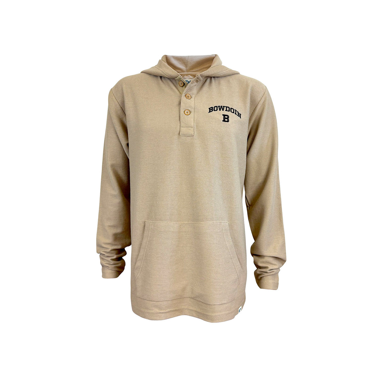 A beige long-sleeve hooded pullover sweatshirt with a three-button placket and a kangaroo pocket, featuring 'BOWDOIN B' embroidered in black on the left chest, shown against a plain white background.