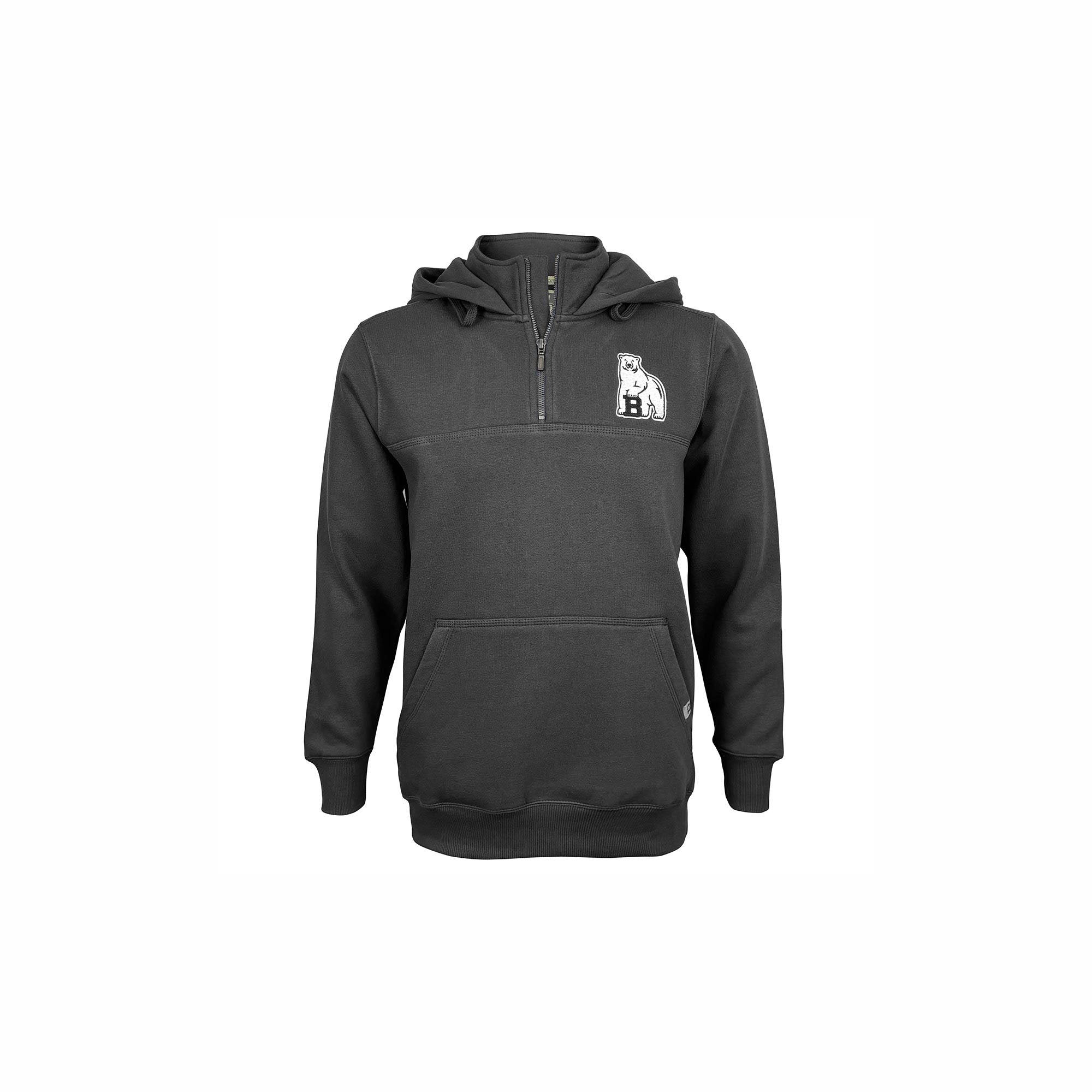 Black quarter-zip hood with Bowdoin polar bear logo on left chest.
