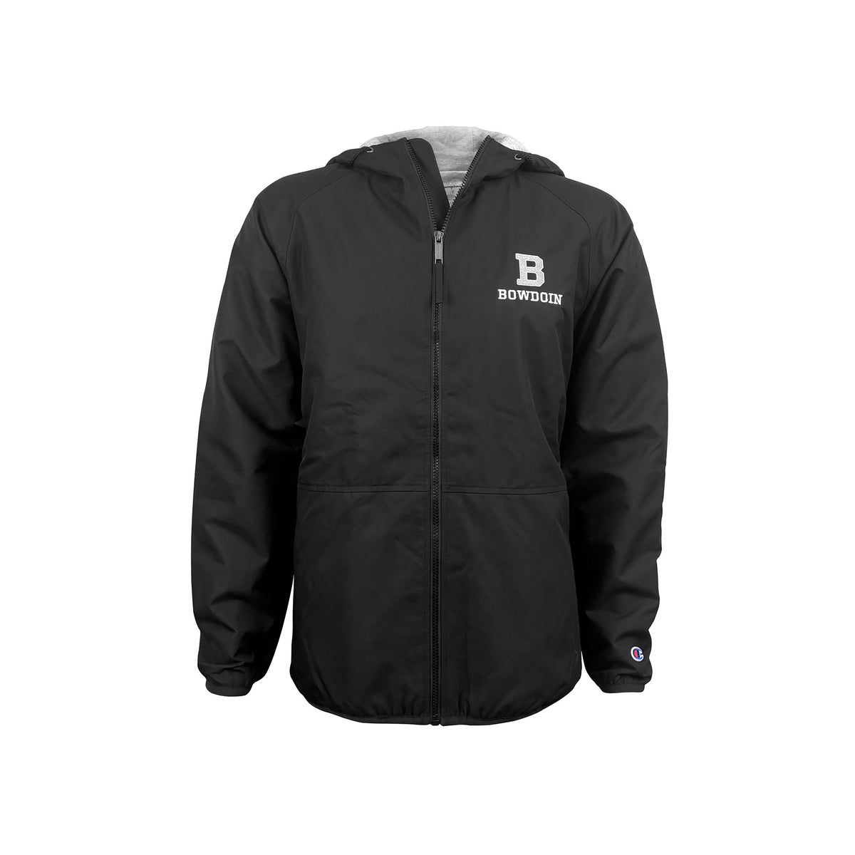 A black hooded zip-up jacket with a white 'BOWDOIN' lettering graphic on the left chest and a small Champion logo on the right sleeve cuff, shown against a plain white background.