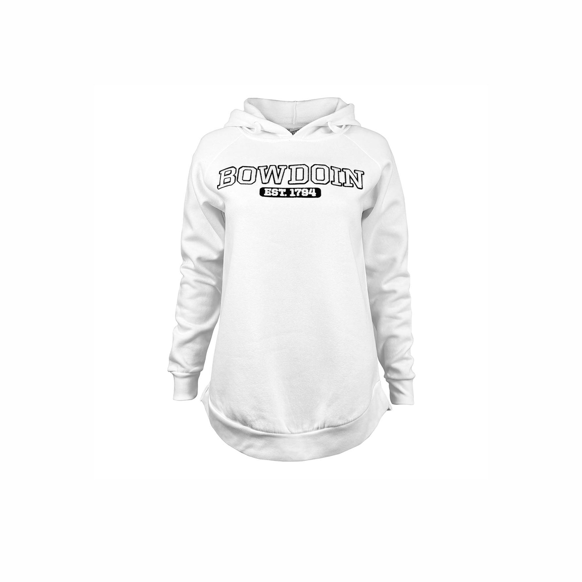 White hoodie with 'Bowdoin Est. 1794' text on a white background