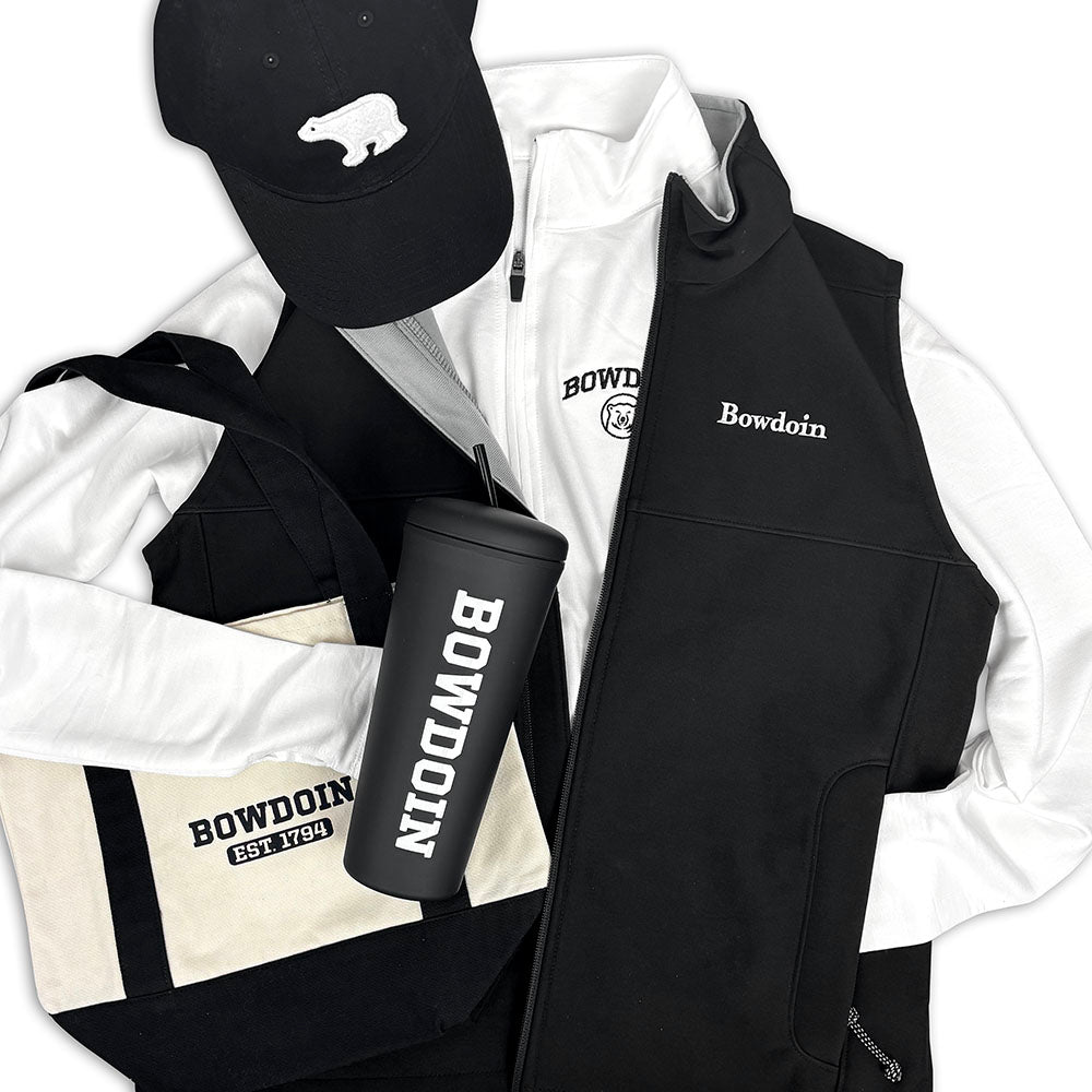 Collection of Bowdoin branded clothing and accessories on a white background