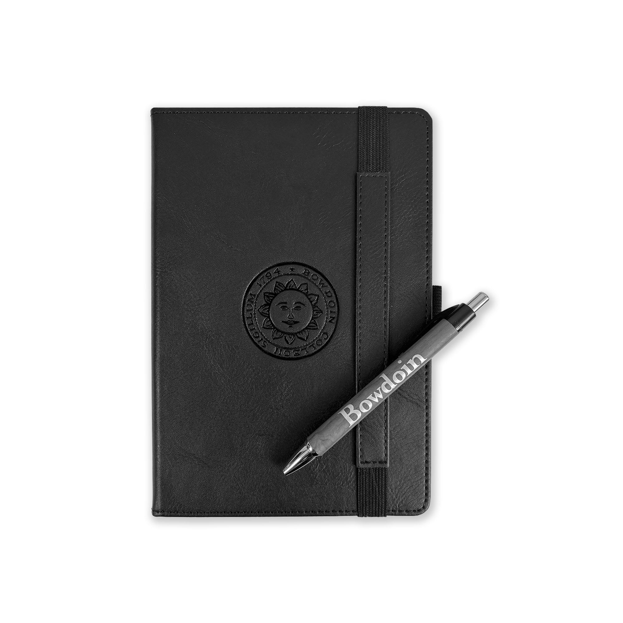 Black notebook with a pen on a white background