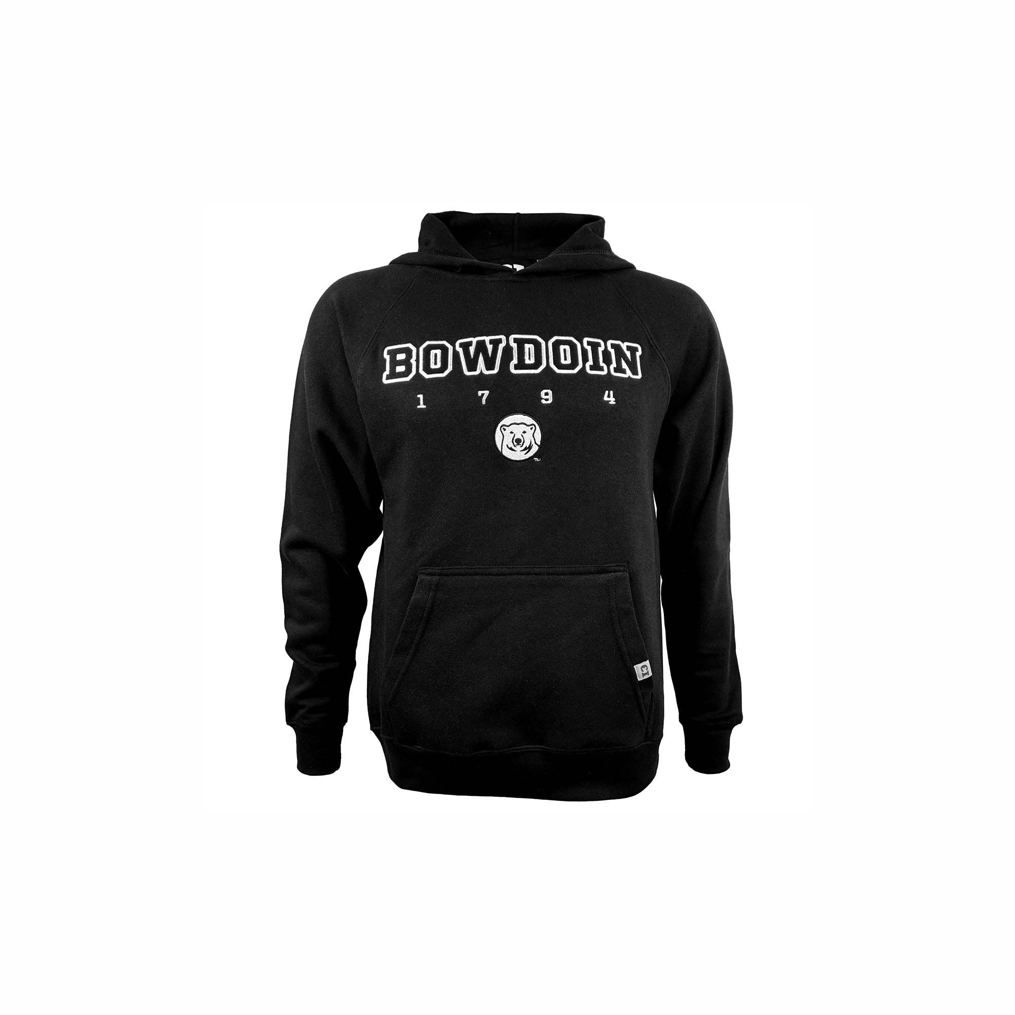 Black hooded sweatshirt with black felt BOWDOIN embroidered with a white outline. Underneath is white embroidered 1794 and black and white embroidered mascot medallion.