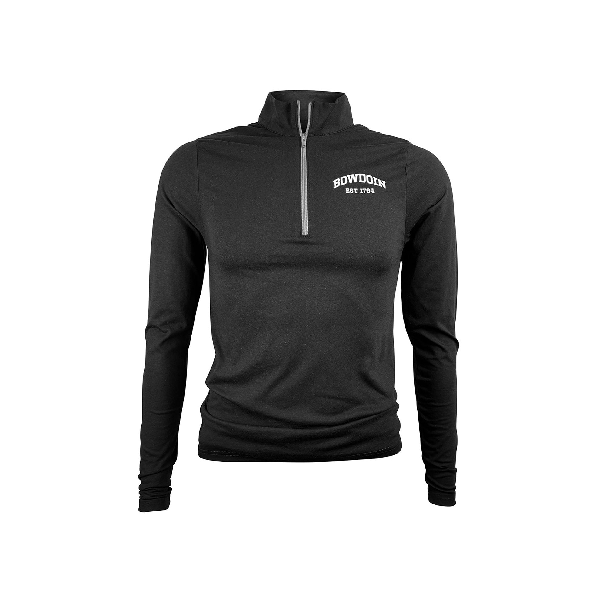Black 1/4-zip pullover with Bowdoin Est 1794 imprint on left chest.