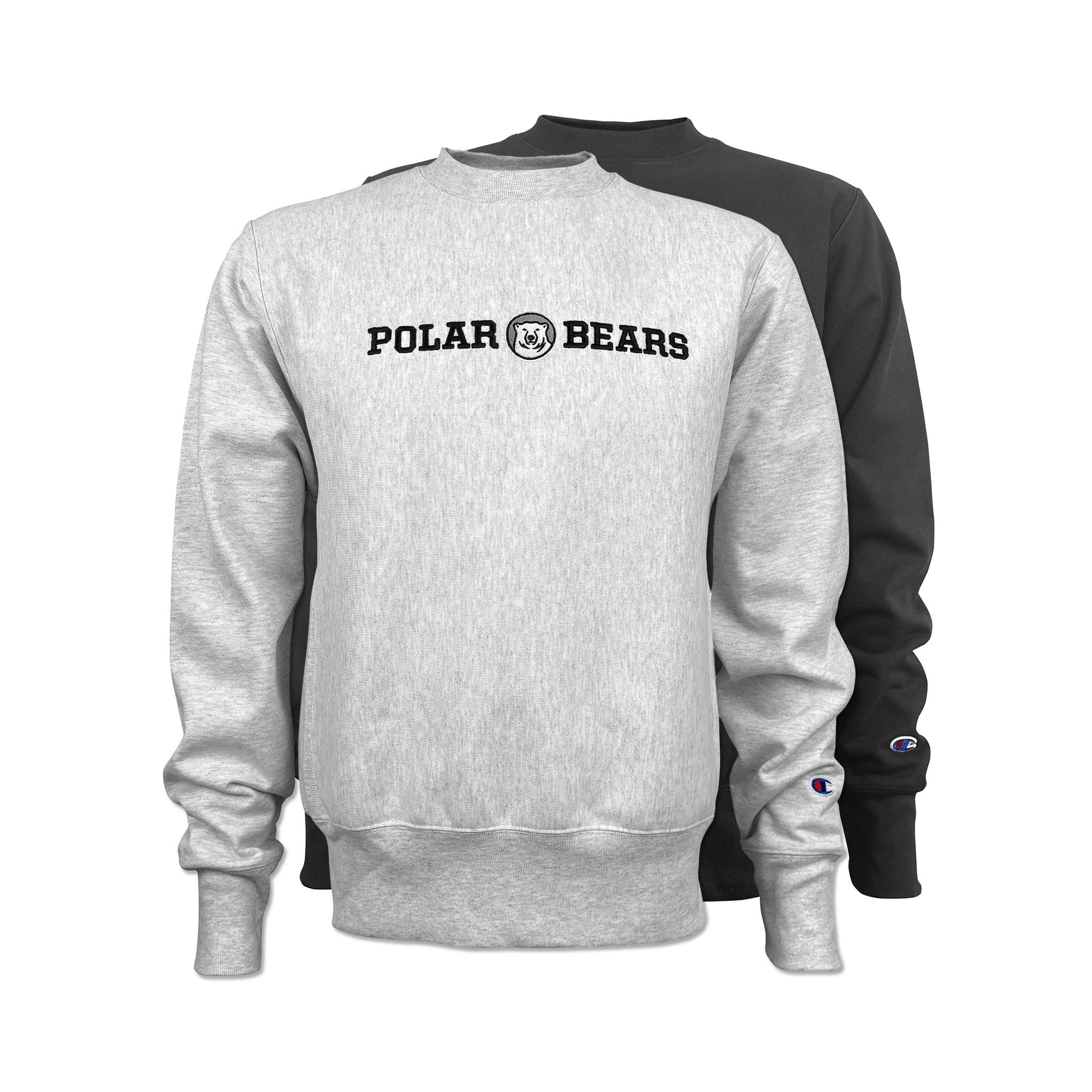 A light heather gray sweatshirt in front of a black sweatshirt, both featuring 'POLAR BEARS' text and a bear logo on the chest, with a small Champion logo on the sleeve cuff.